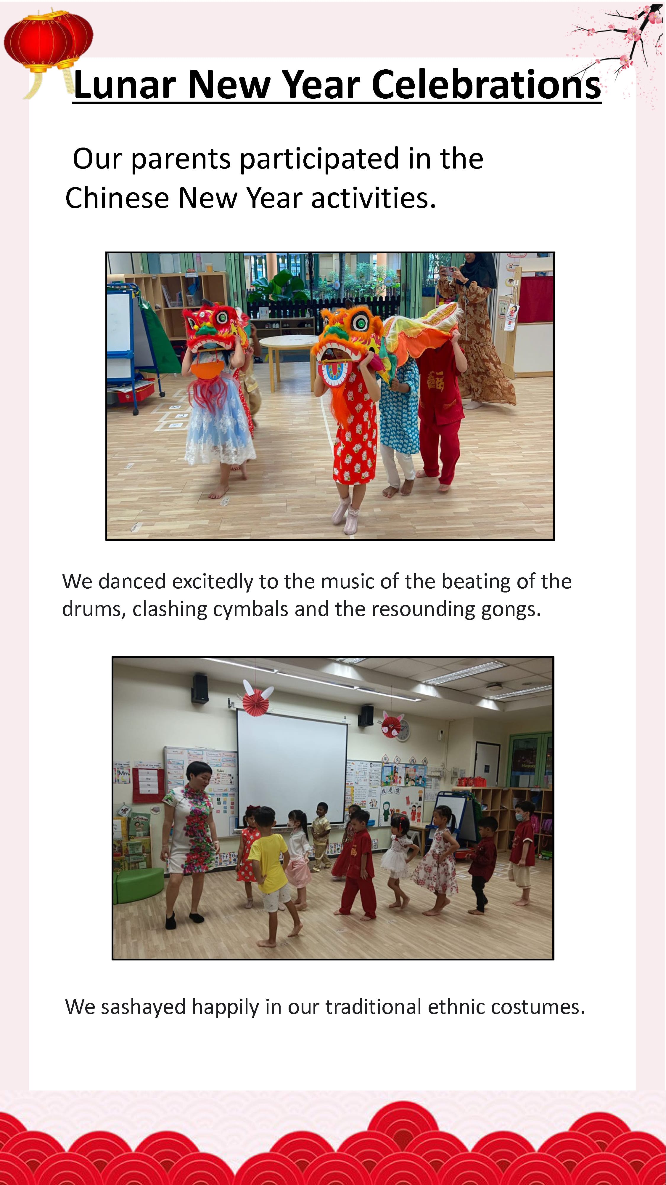 Children enjoy lion dance role-play, festive music, and a parade in traditional attire during Lunar New Year celebrations.